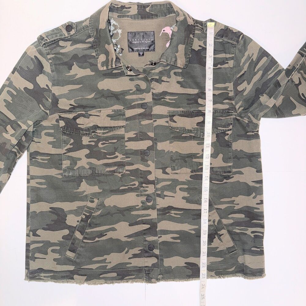 Sanctuary Fray Hem Utility Jacket Green Camo Cotton Canvas Snap Front Military M - Picture 9 of 13